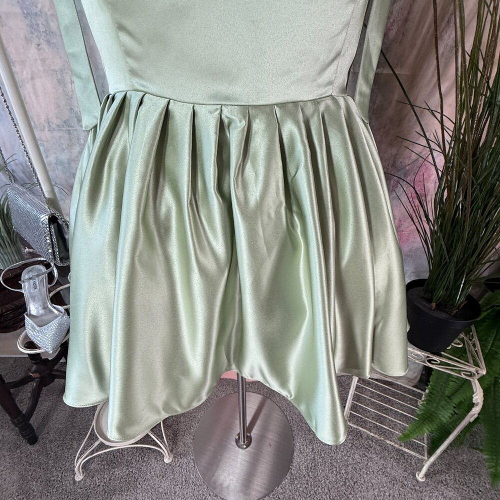 ๐Sage Green Lace Up Cocktail - Bridesmaid - Homecoming Dress w/ Wide Straps - Picture 6 of 16